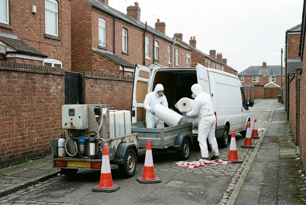Operatives rolling out sheeting beside a van and decontamination trailer in a cobbled alley
